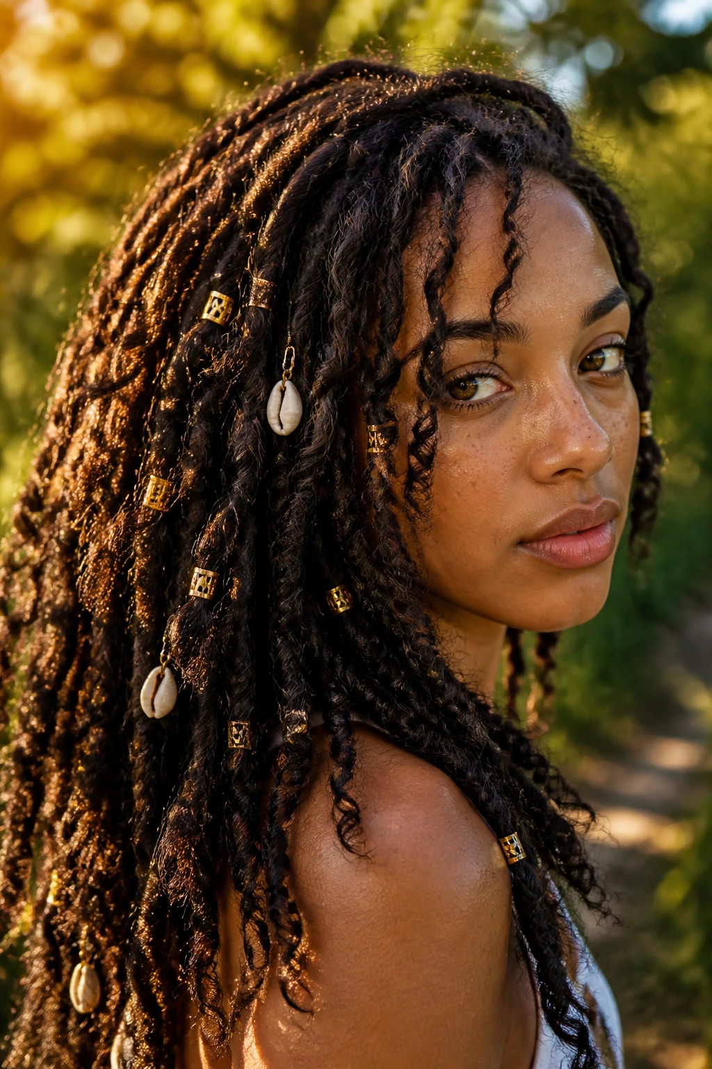 Close-up portrait of a real person with free-flow curly locs and shells, natural light in an outdoor garden