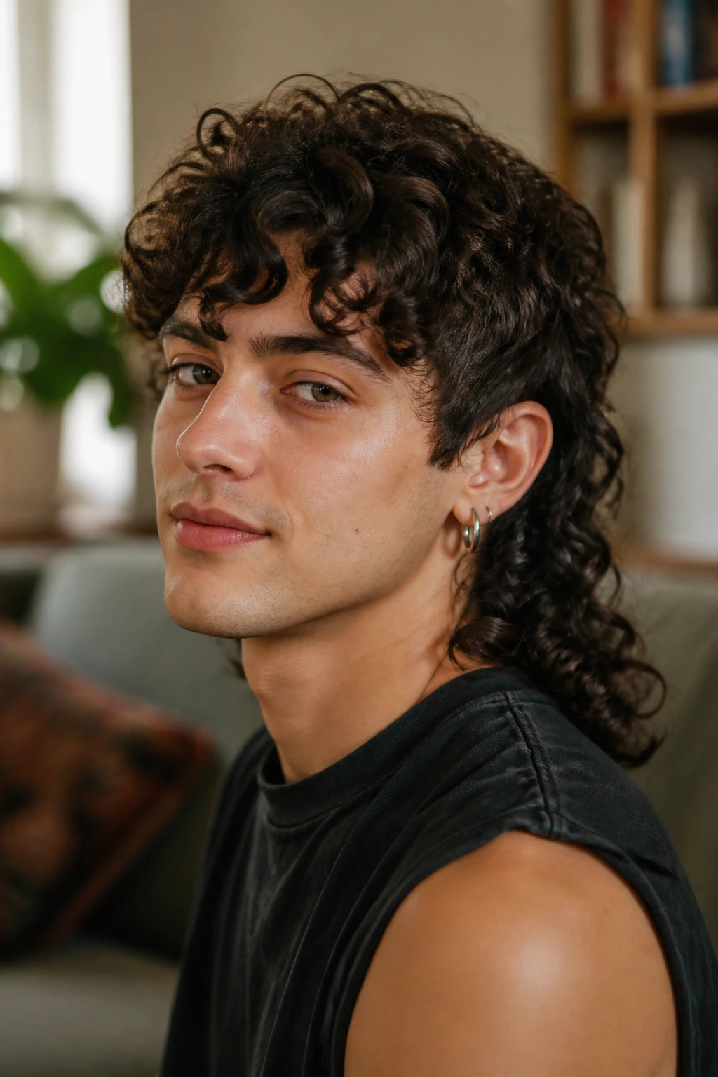Close-up portrait of a real person with a curly mullet hairstyle, short front and sides, longer back.
