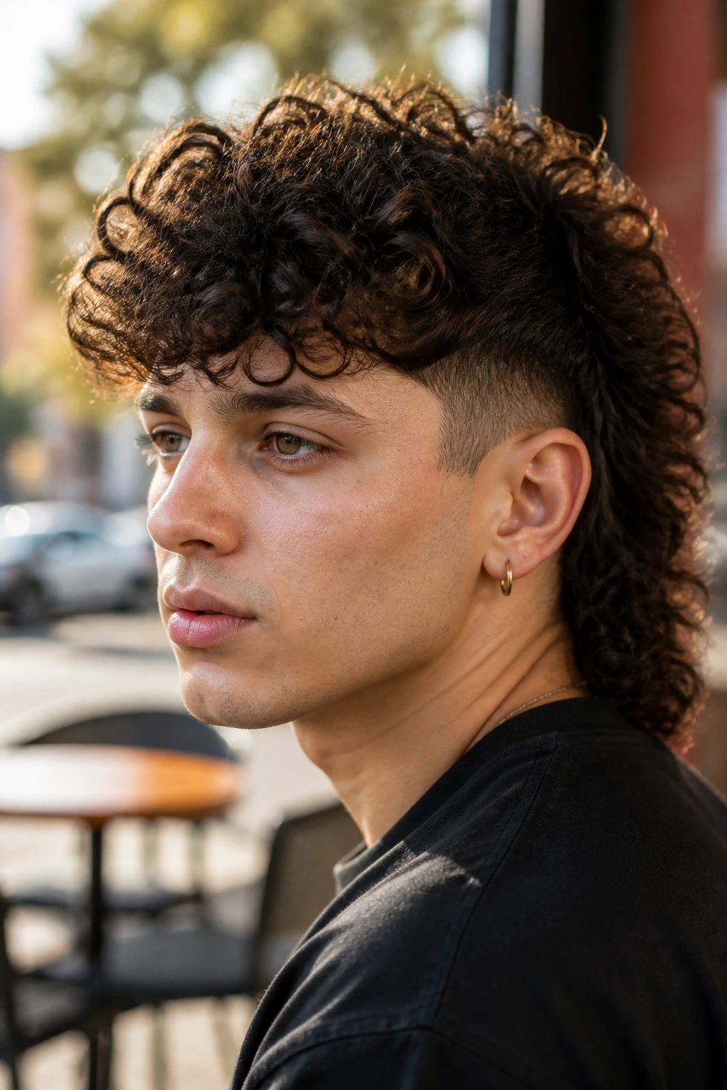 Portrait of a real person with curly mullet undercut in an urban setting