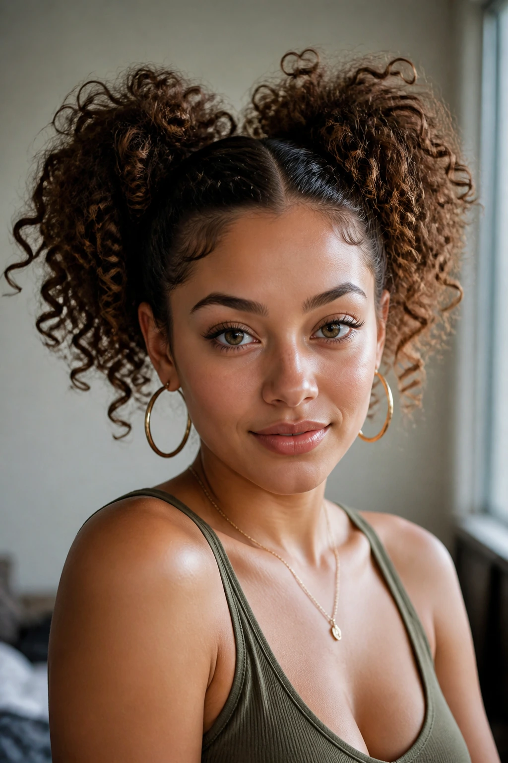 Close-up of a real woman with high crown lifted curly pigtails