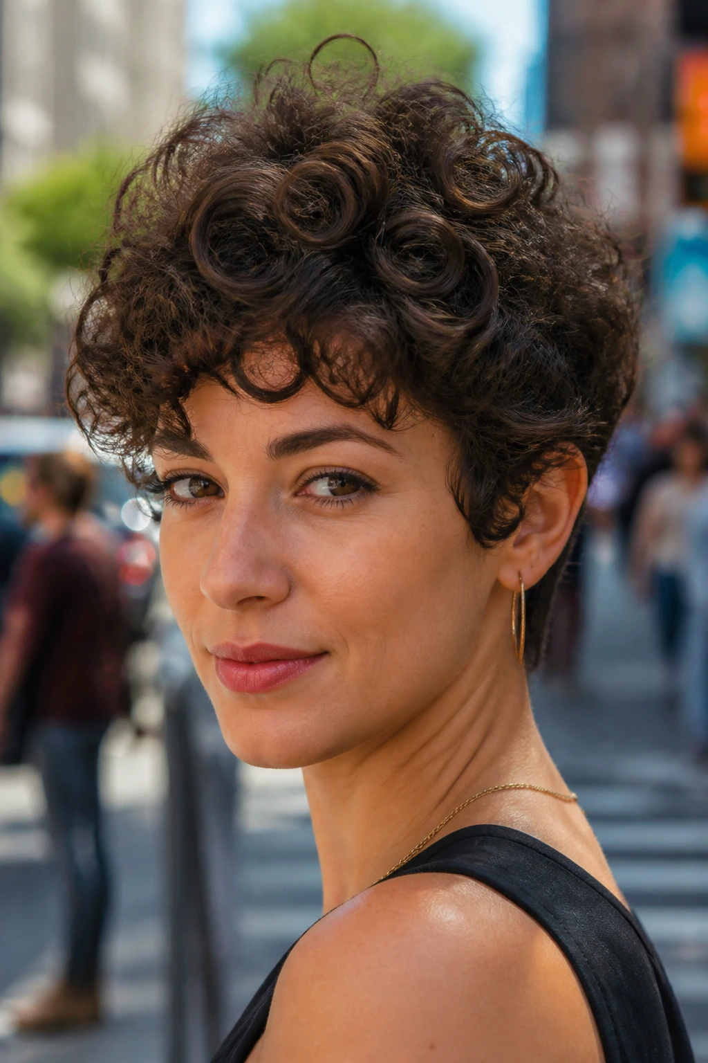 Close-up portrait of a real woman with curly pixie and crown layers