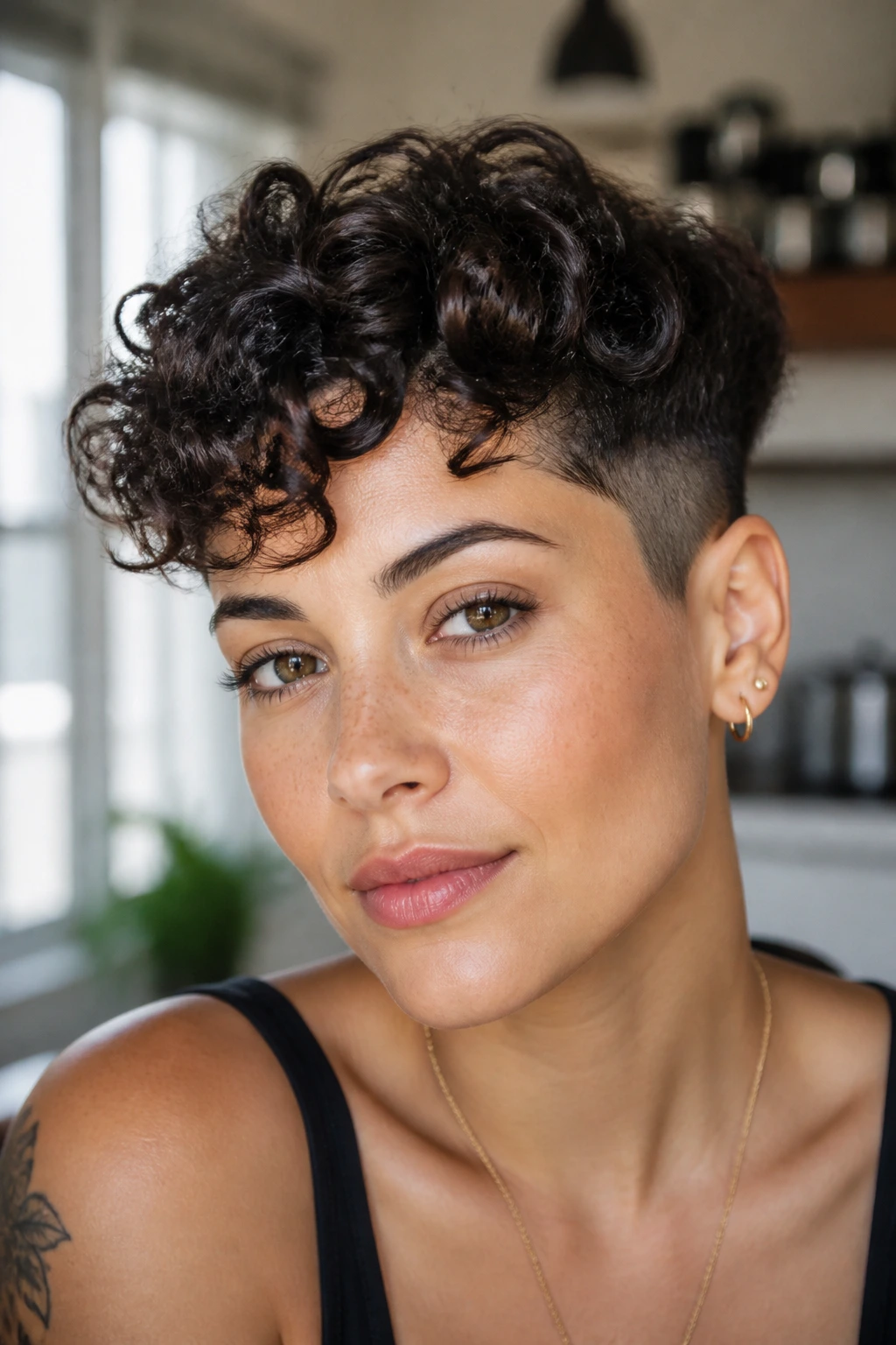 Portrait of a real person with curly pixie undercut