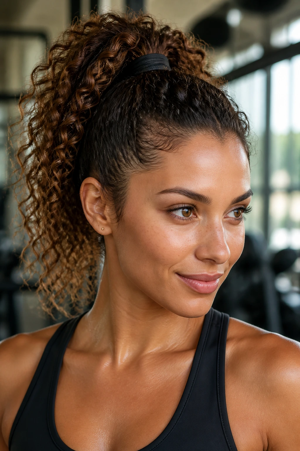 Close-up portrait of a real woman with a mid-high curly ponytail in a gym setting