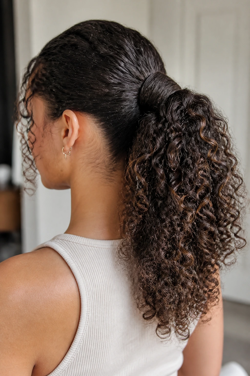 Back view of a real woman showing a curly ponytail with a wrapped base