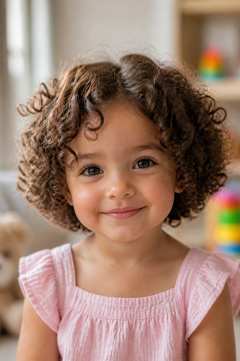 Close-up of baby girl with curly rounded bob