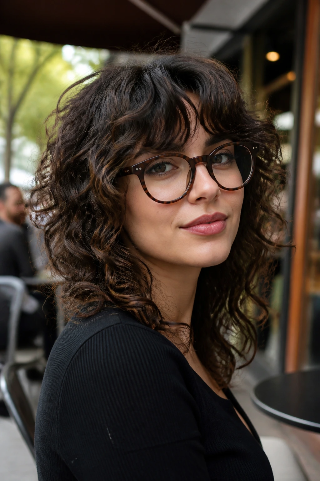 Close-up of a real woman with curly shag and curtain bangs
