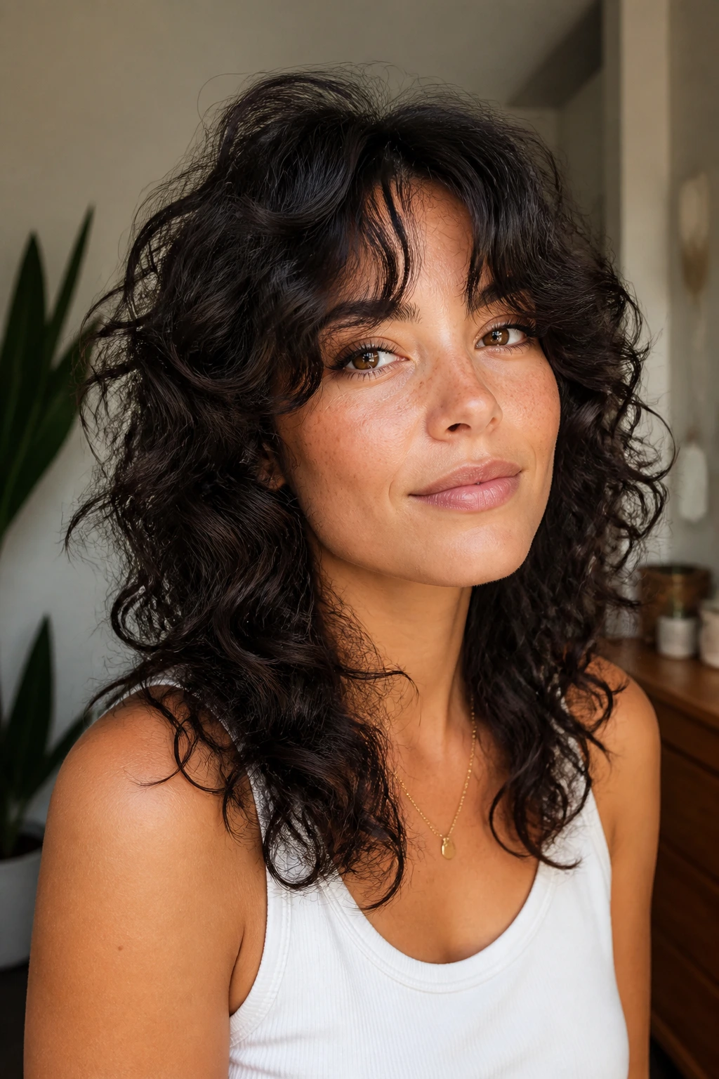 Front portrait of a real woman with curly shag and curtain bangs