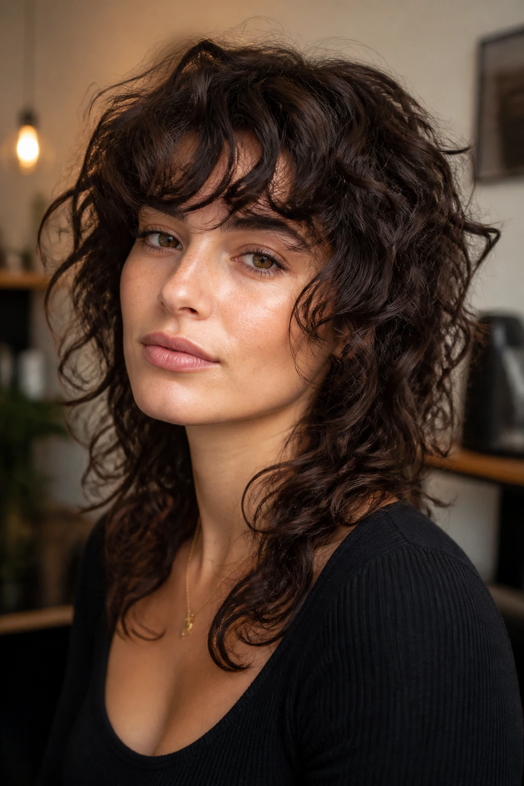 Close-up portrait of a real woman with a curly shag hairstyle showing crown layers and fringe.