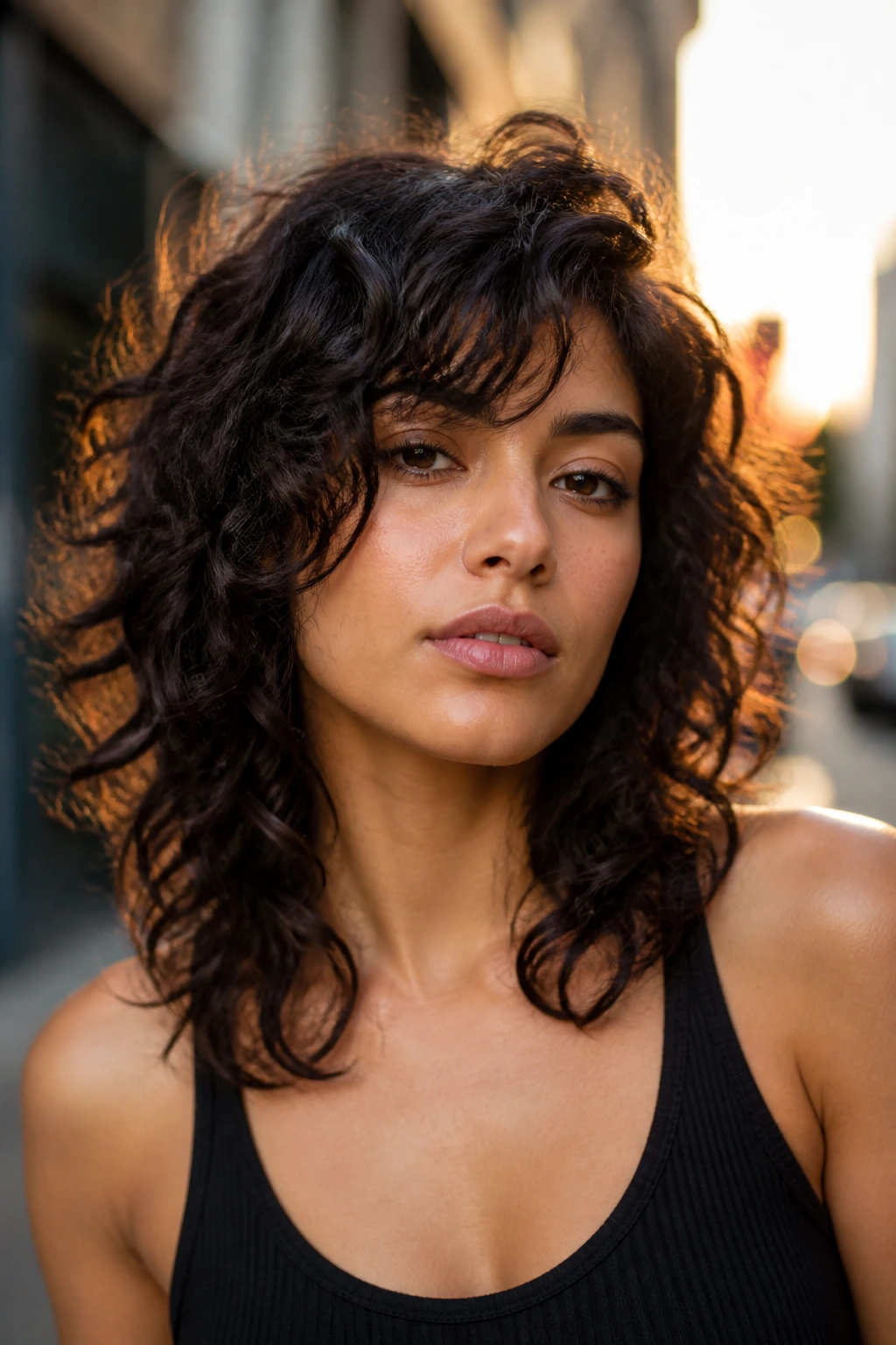 Real woman wearing curly shag wig with side part in urban street setting.