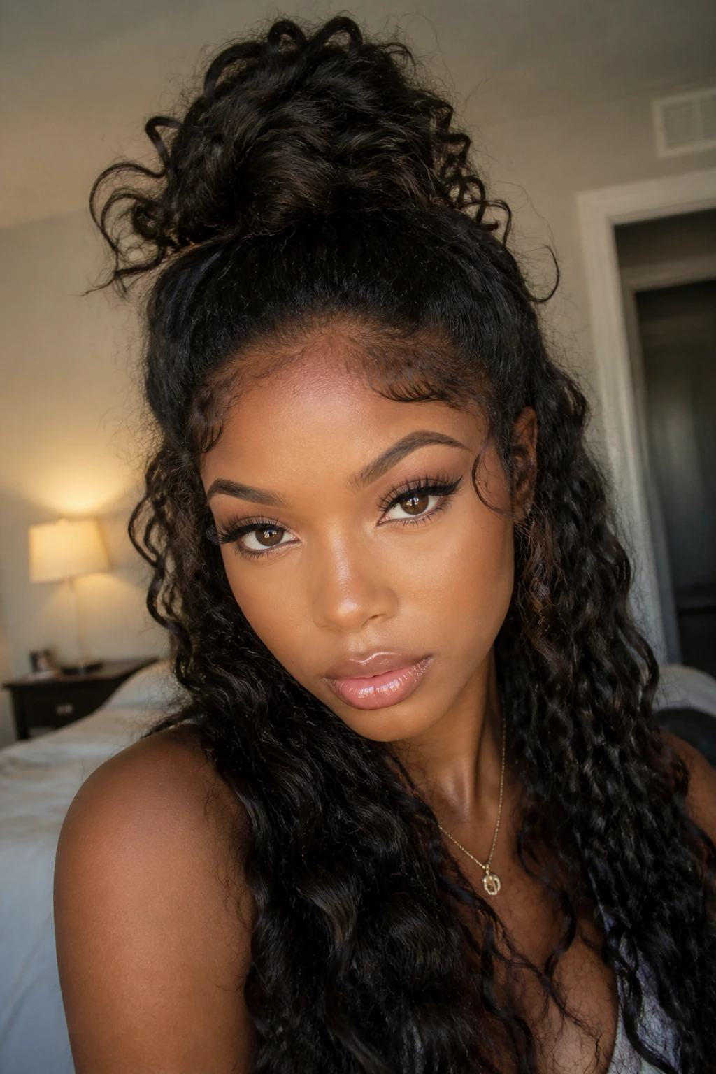 Real woman with curly top knot and length left out