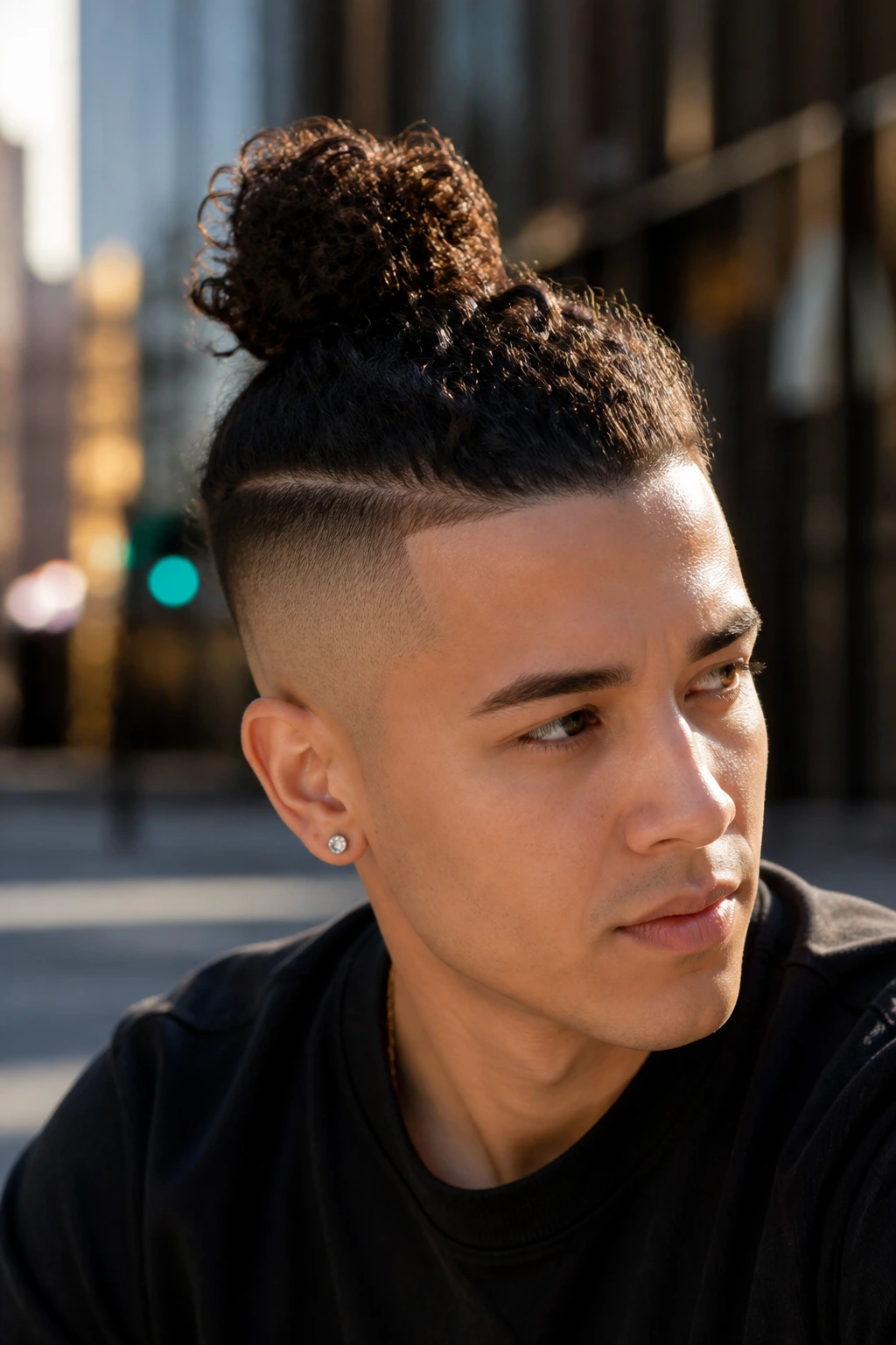 Close-up of a real person with curly top knot undercut