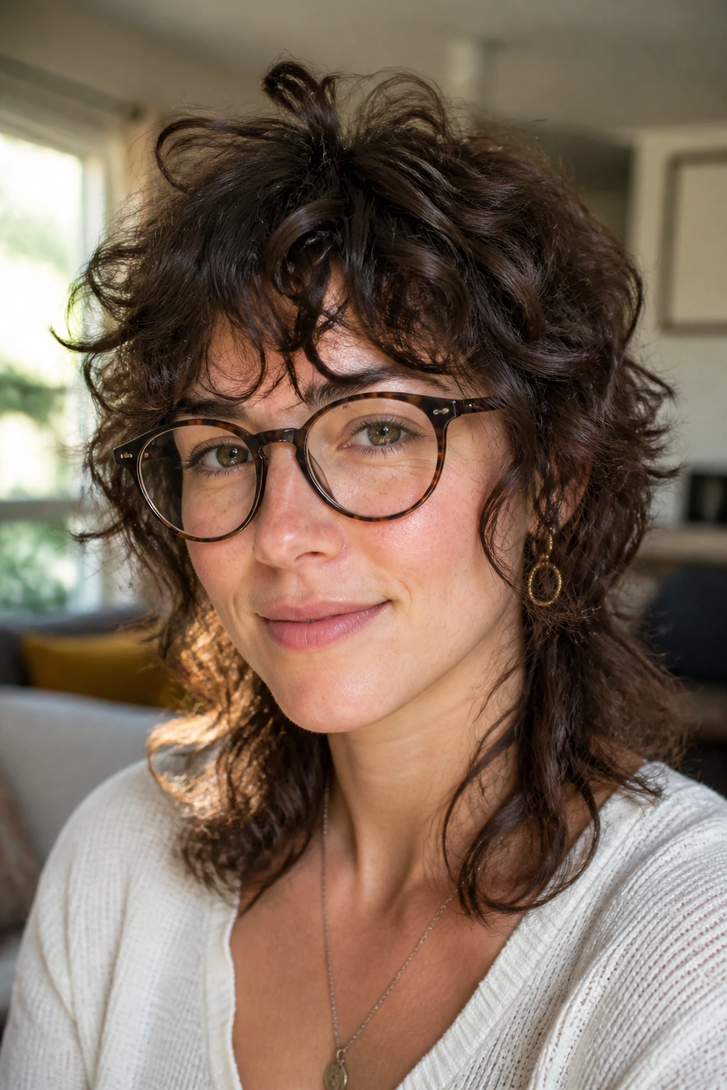 Close-up of a real woman with Curly Wolf Cut With Choppy Crown Layers, crown lift and cheekbone-friendly framing under natural light