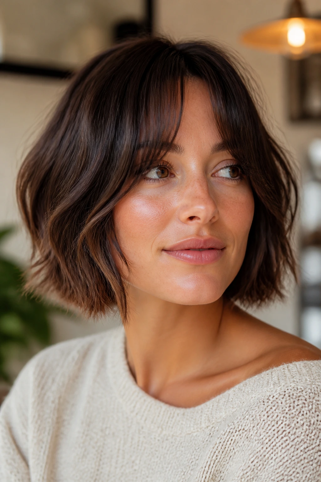 Real person with curtain bangs connecting to a textured bob and broken-up ends