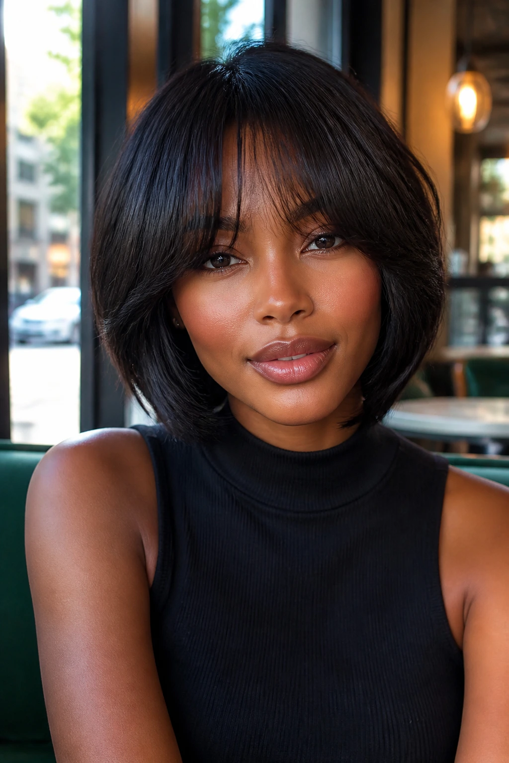 Close-up of real person with curtain bangs bob in cafe setting