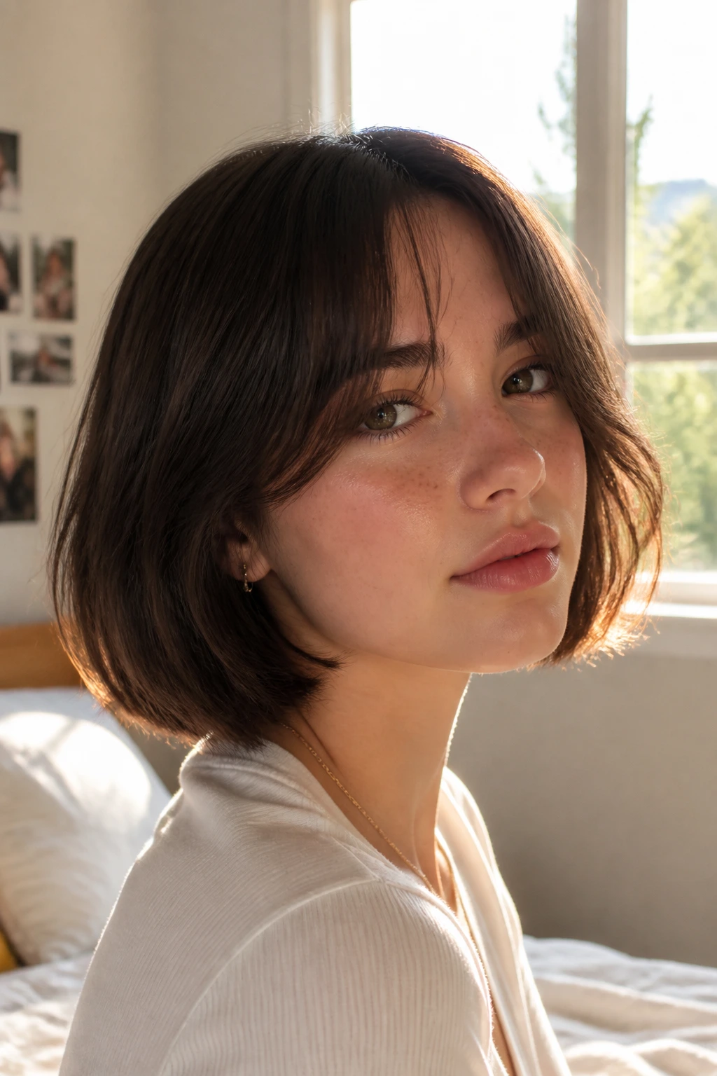 Teen with curtain bangs bob: close-up portrait showing soft face-framing fringe in natural light