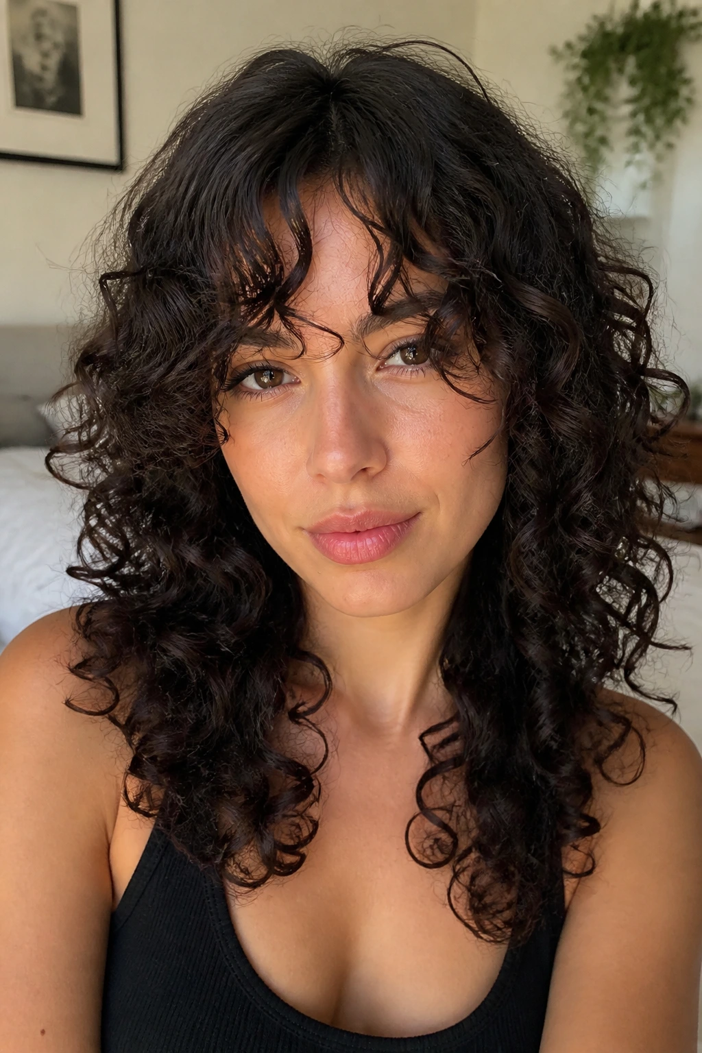 Close-up of a real person with curtain bangs on curls, softly blended into layers.