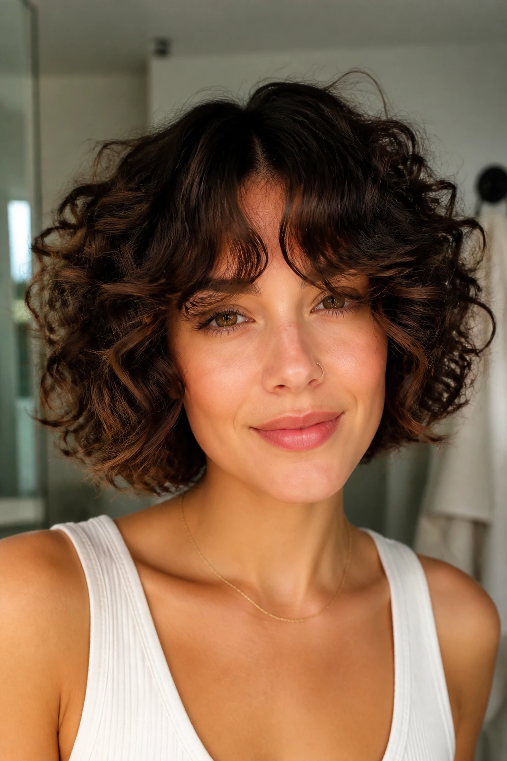 Close-up of a real woman with curtain bangs blending into a curly bob in soft light.