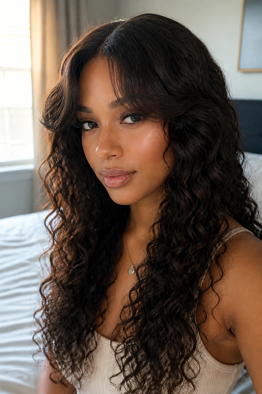 Portrait of a woman with curtain bangs and long ringlets.