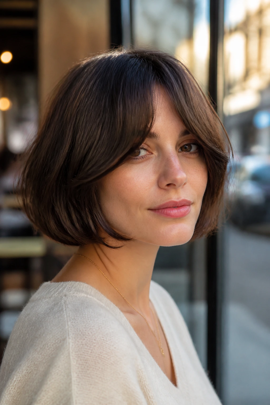Close-up of a real woman with curved bob and rounded curtain bangs in warm light
