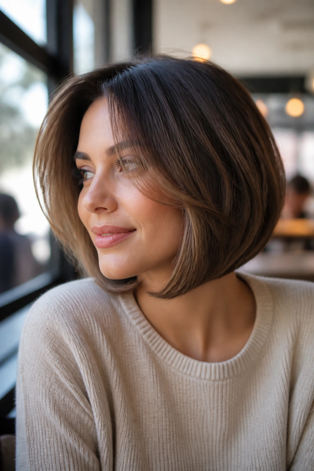 Portrait of a woman with a curved bob and face-framing layers at cheekbone in cafe daylight