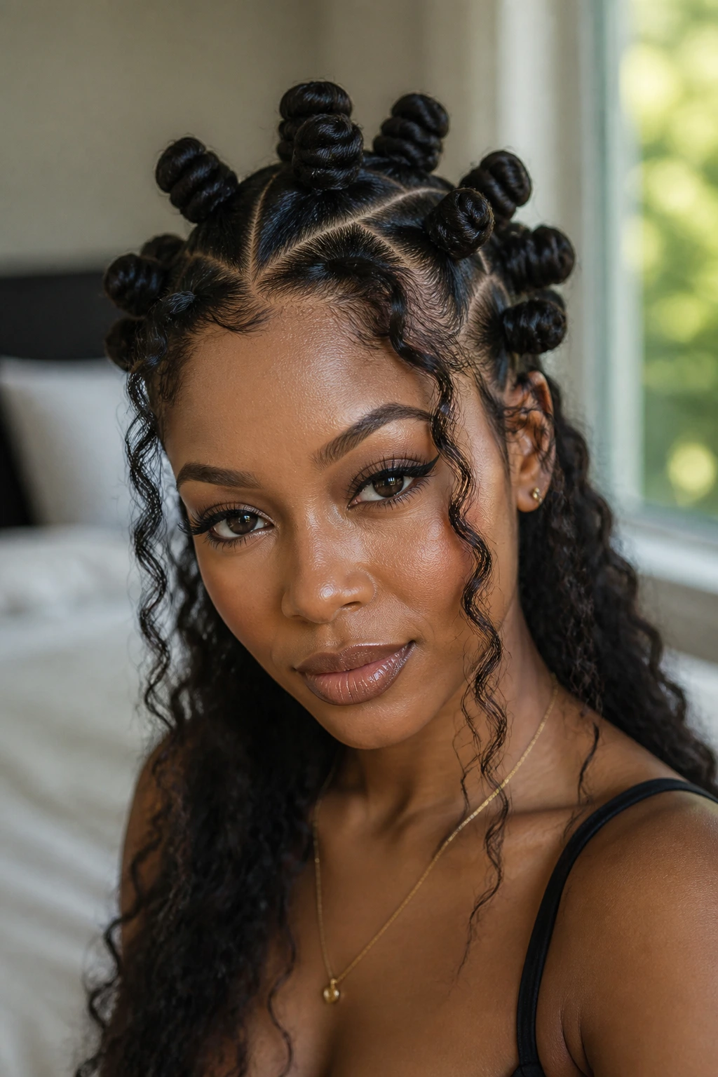 Portrait of a real woman with curved-part knots and face-framing tendrils.