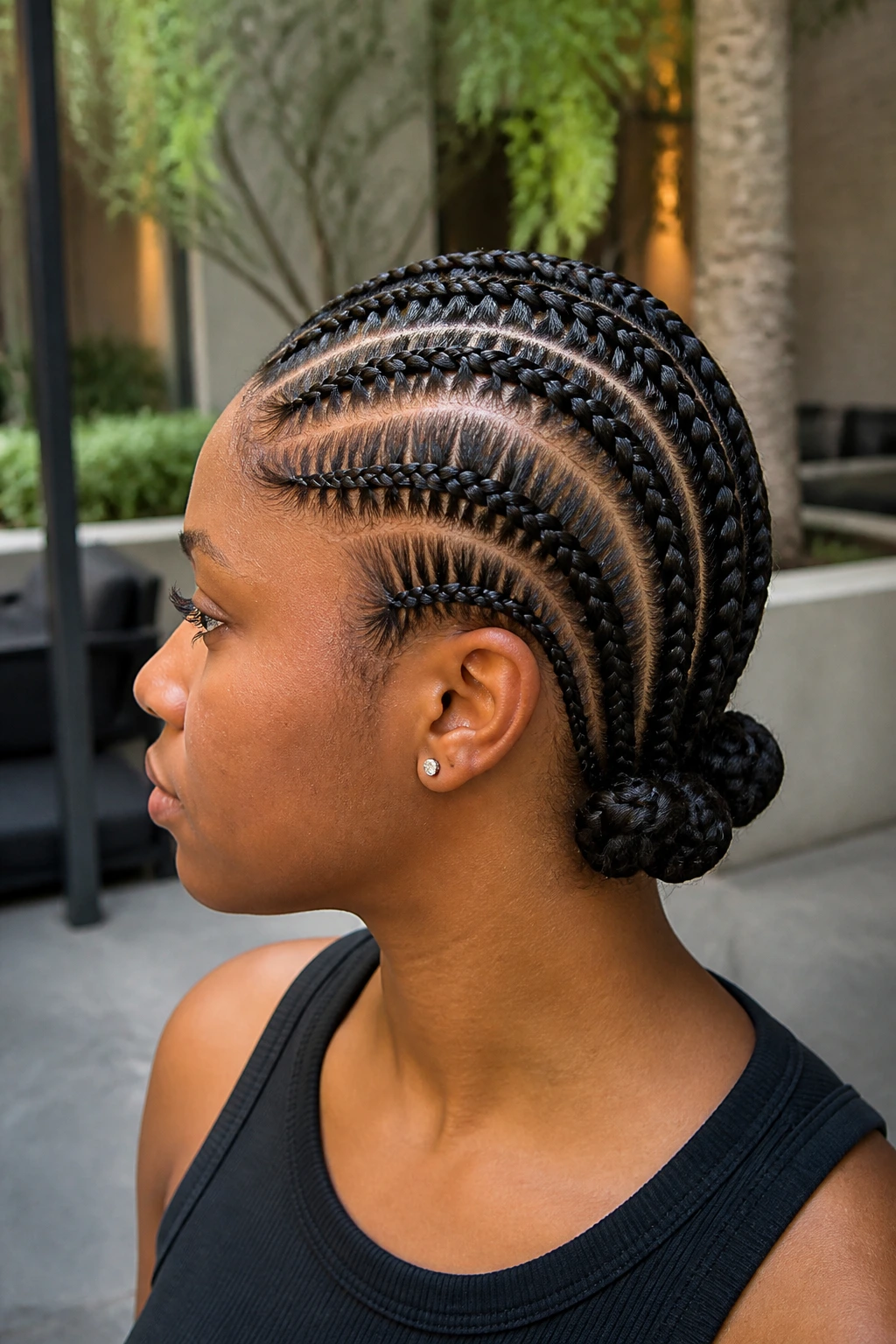 Real person with curved stitch braids leading to low knots at the nape.