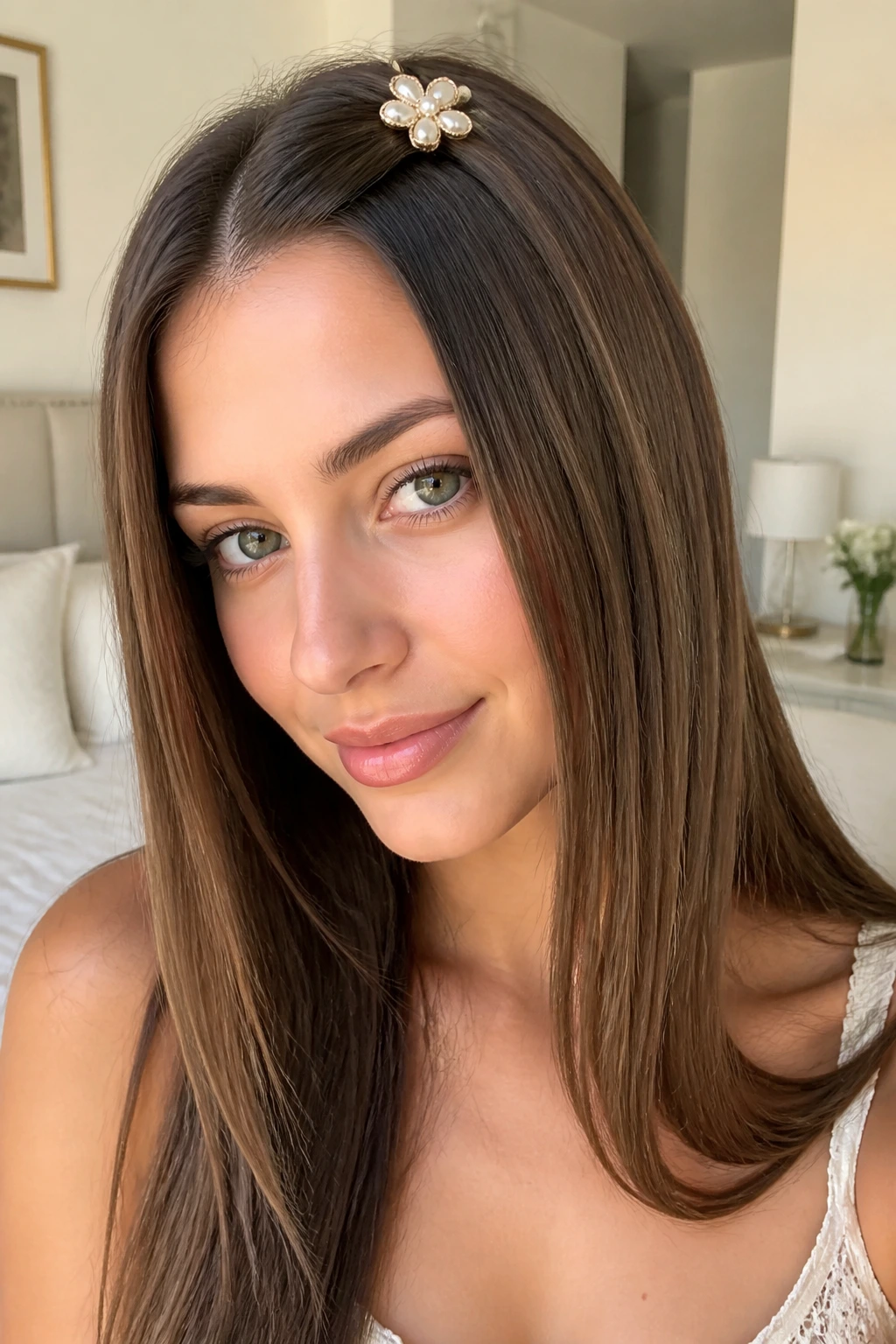 Close-up of straight hair with a decorative clip at the crown
