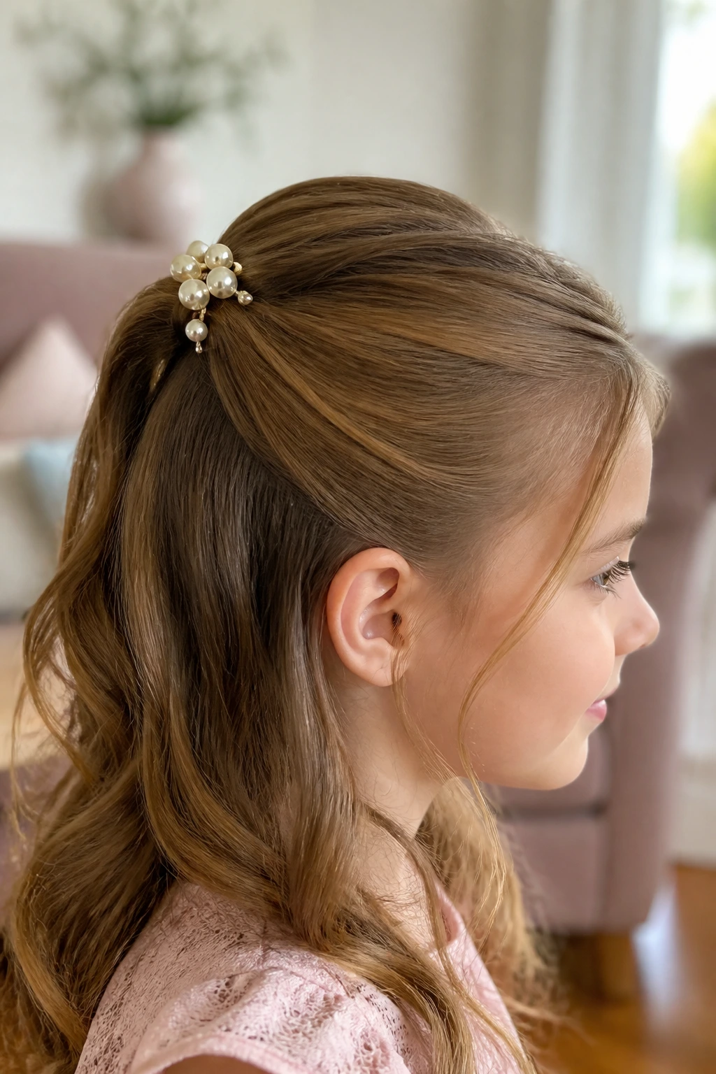 Close-up of a child with decorative pins in a half-up ponytail in a pastel living room
