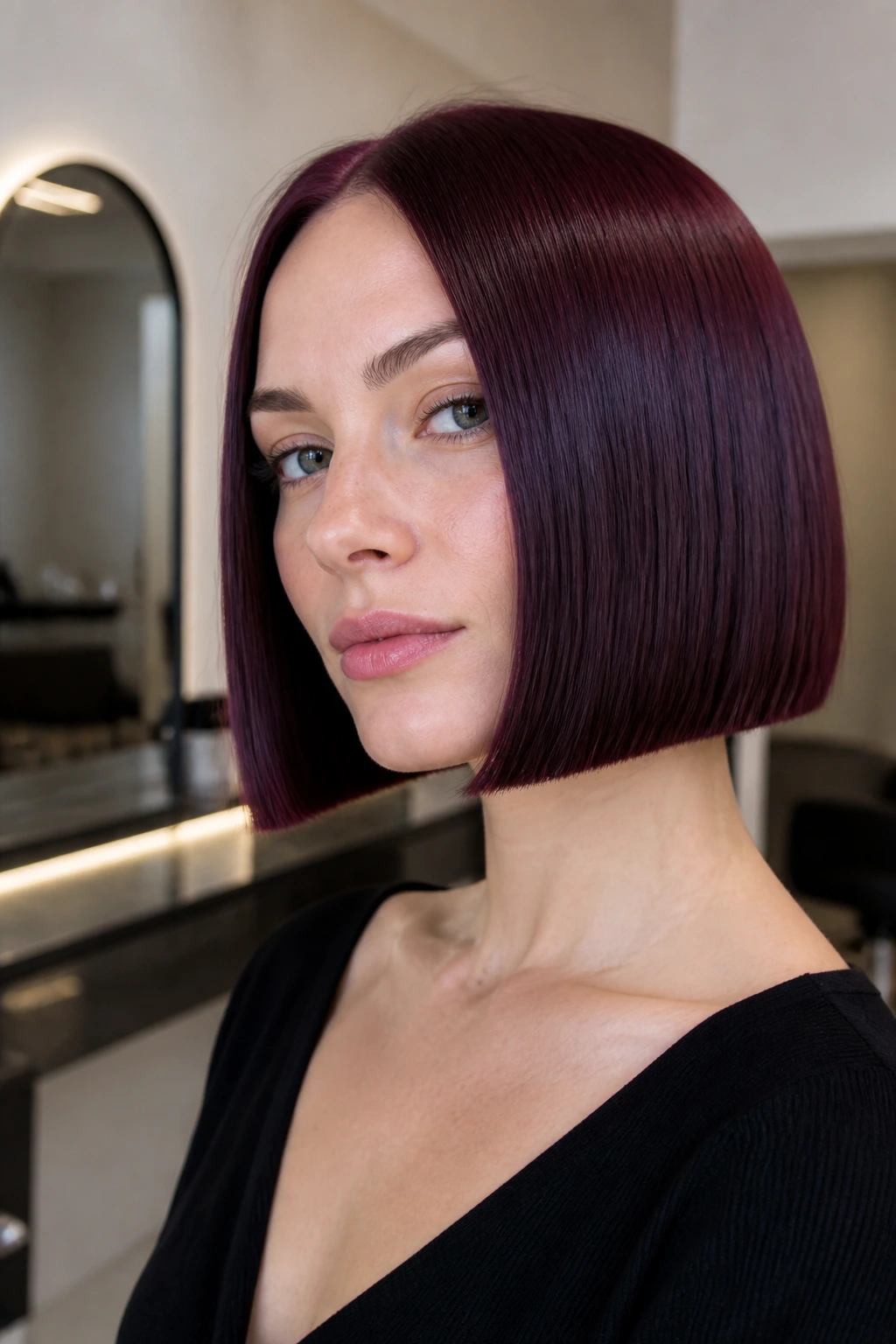 Close-up of a real person with a deep plum blunt bob and glossy finish