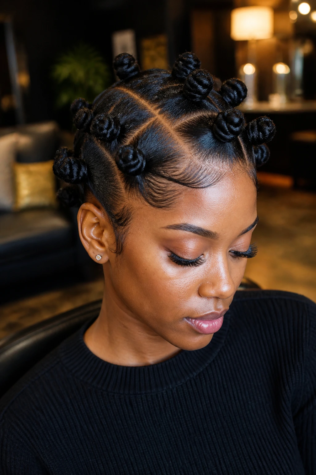 Close-up of a real woman with a deep side-part Bantu knot hairstyle on relaxed hair