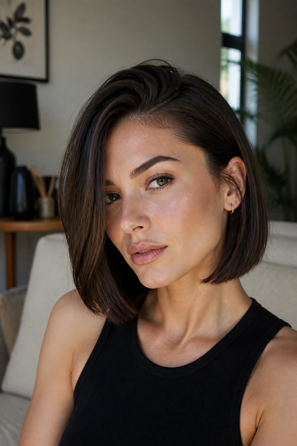 Portrait of a woman with a deep side-part bob in a cozy living room.
