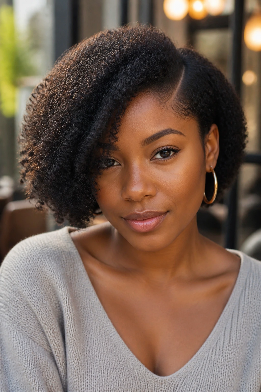 Black woman with a deep side-part bob in a warm-lit urban setting