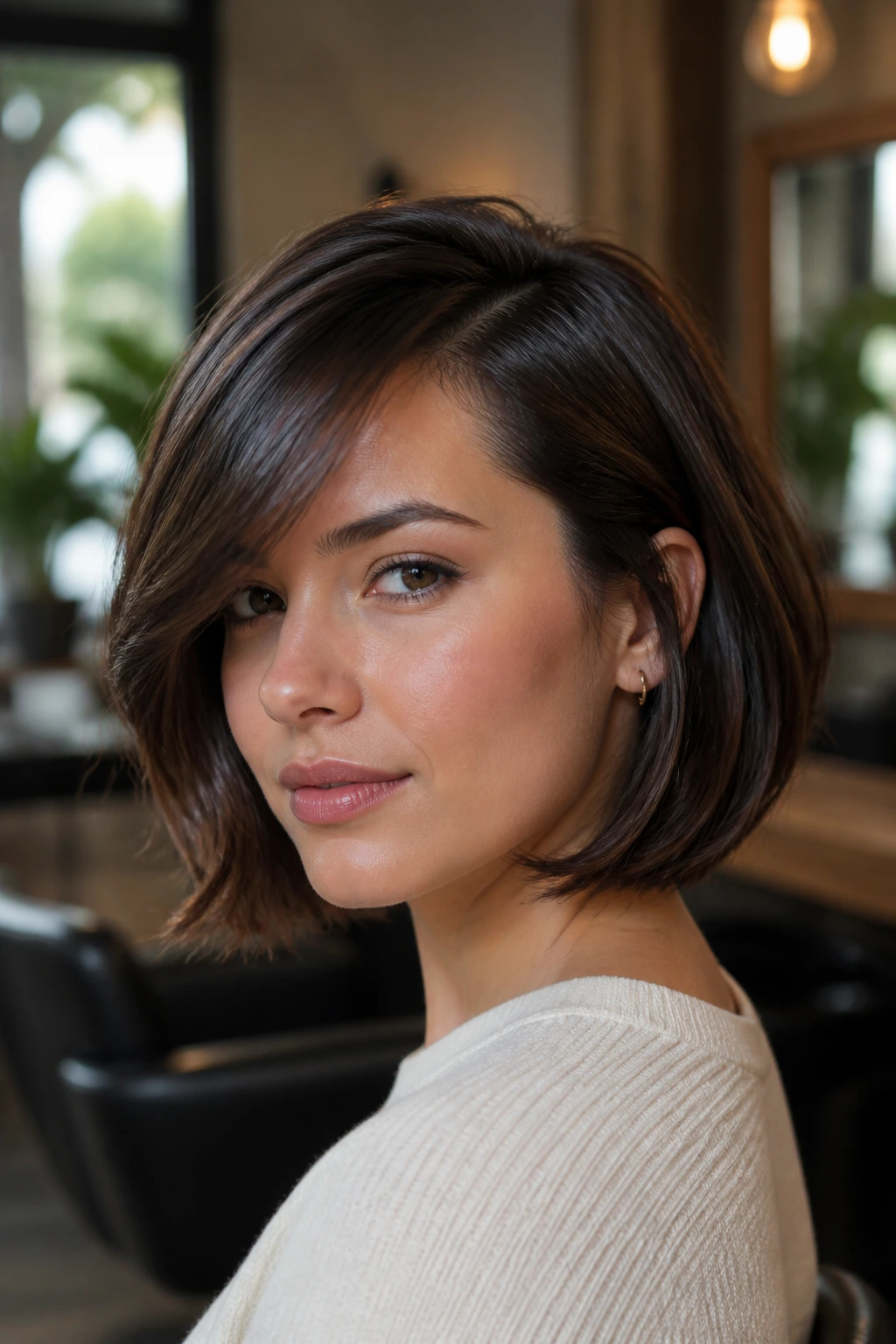 Close-up portrait of a real person with a deep side-part bob and side-swept fringe