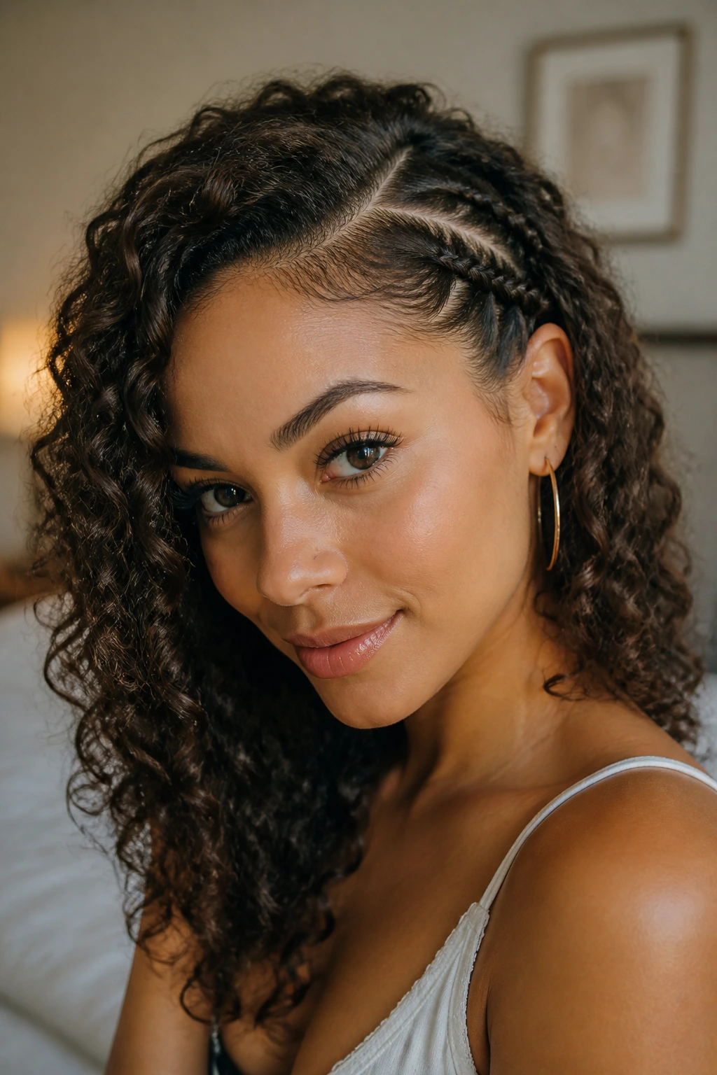 Close-up portrait of a woman with a deep side-parted front braid blending into curls