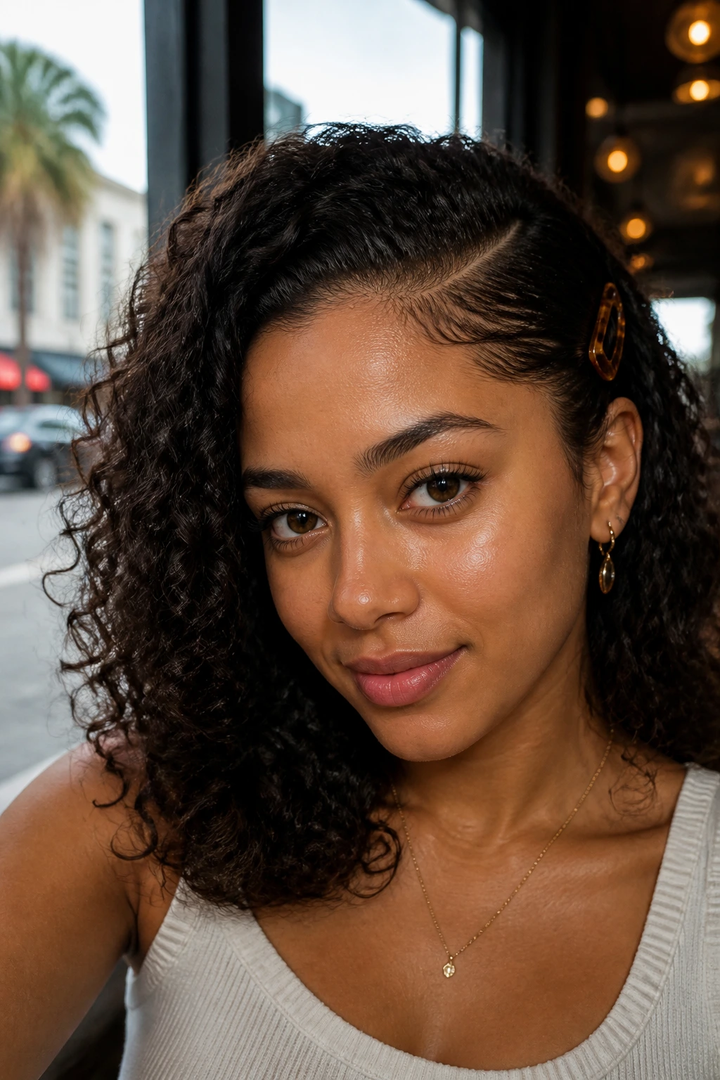 Close-up of a real person with a deep side part and clip