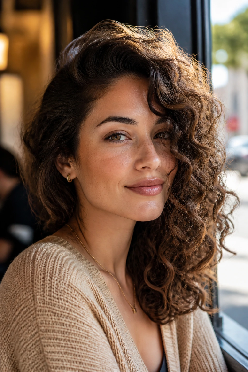 Close-up of a real woman with a deep side-swept curl.