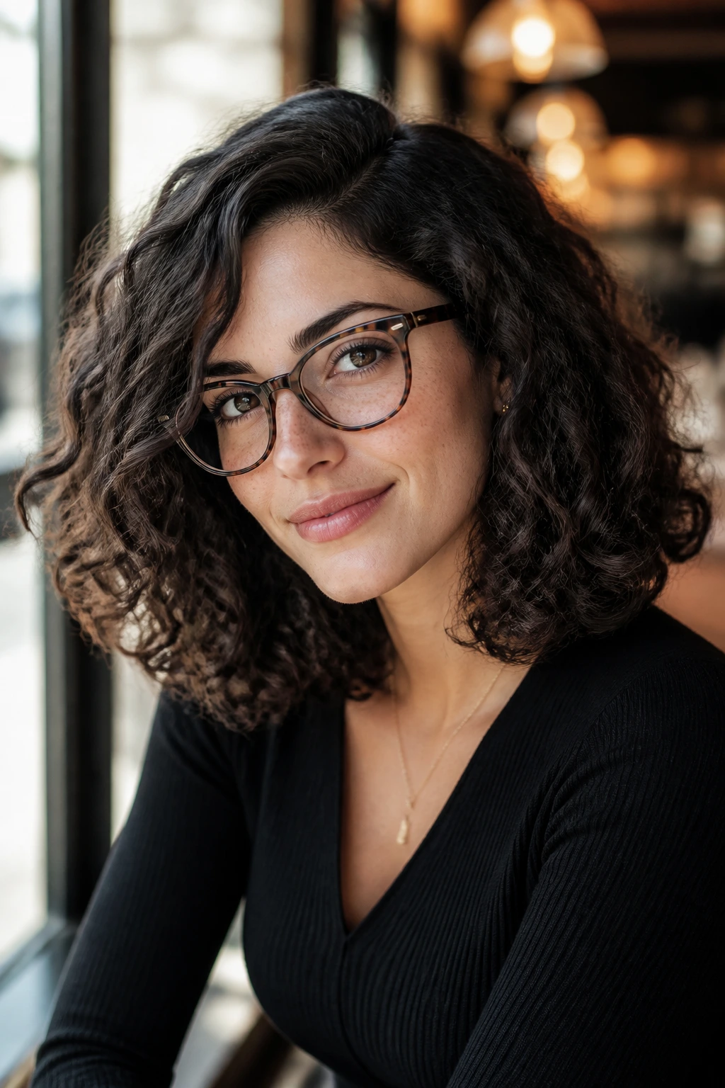 Close-up portrait of a real woman with a deep side-parted curly lob and fuller ends