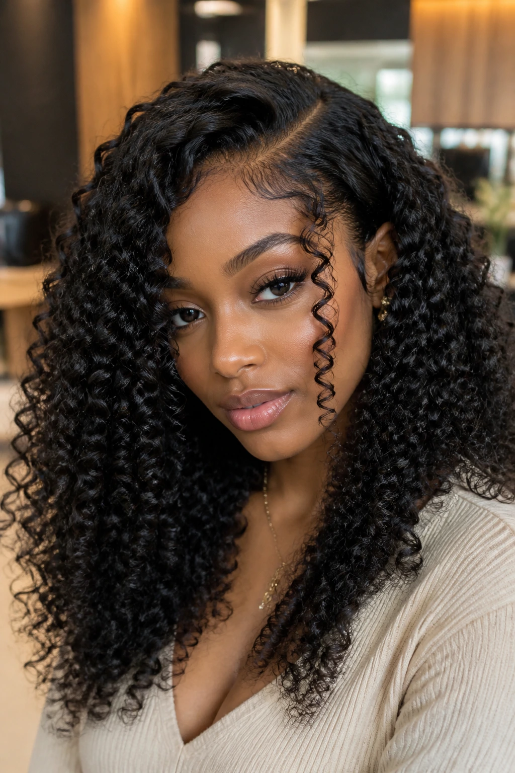 Close-up portrait of a real woman wearing a deep side-part curly wig with face-framing spirals in natural light