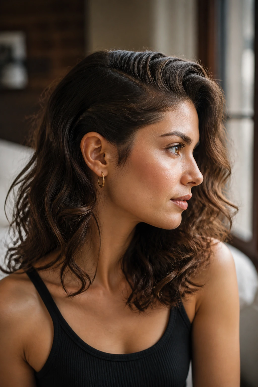 Profile of a real woman with a deep side part and one-ear tuck