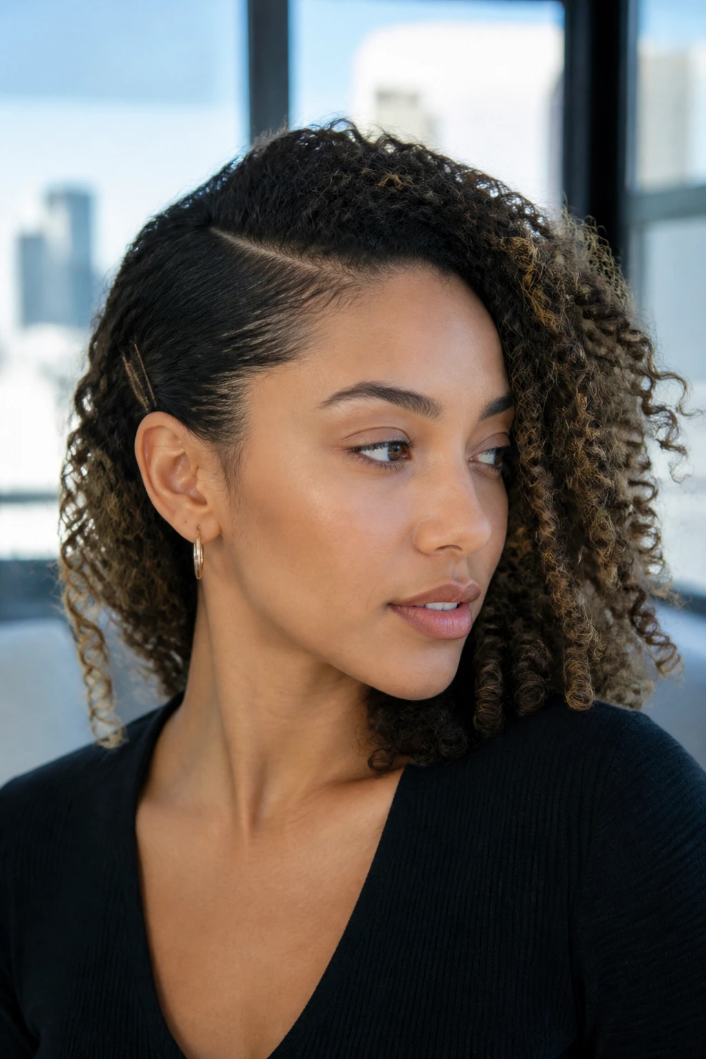 Close-up of a woman with a deep side part and one side pinned back