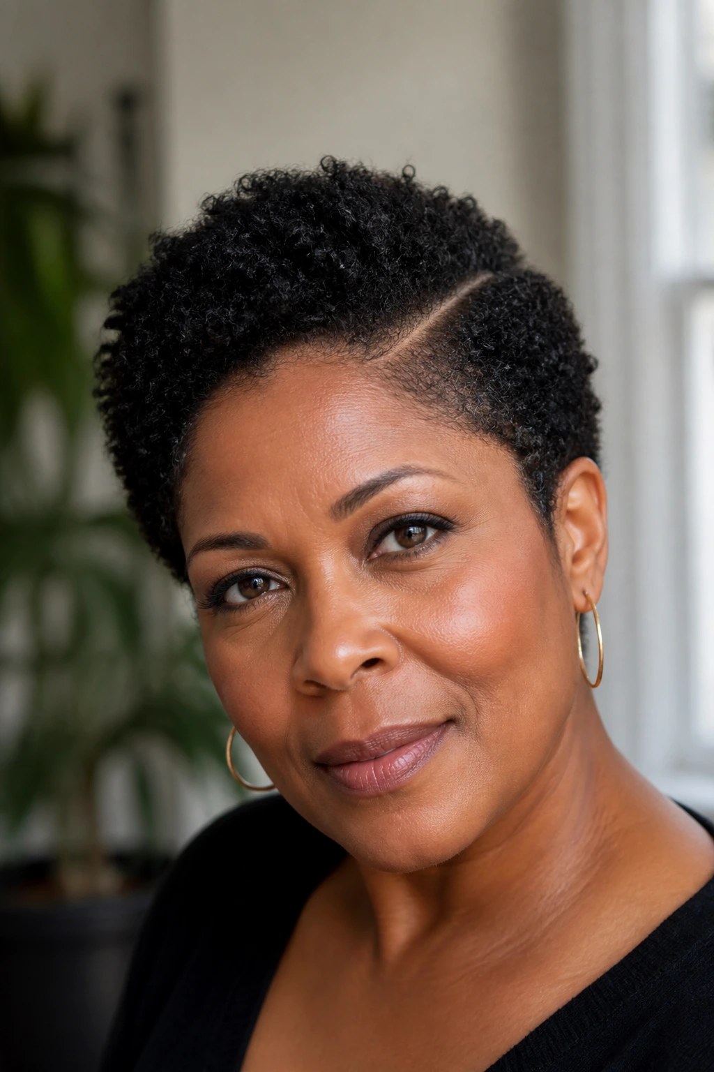 Close-up portrait of a real woman with a deep side-part short afro