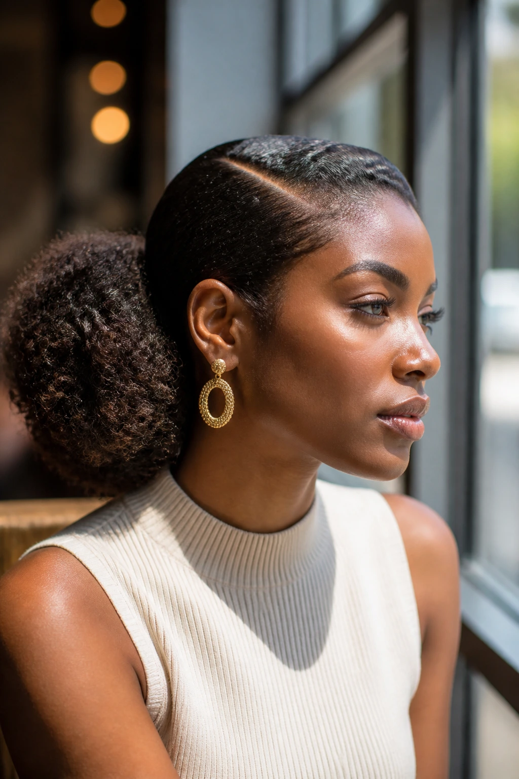 Profile of a Black woman with a deep side puff and side-part