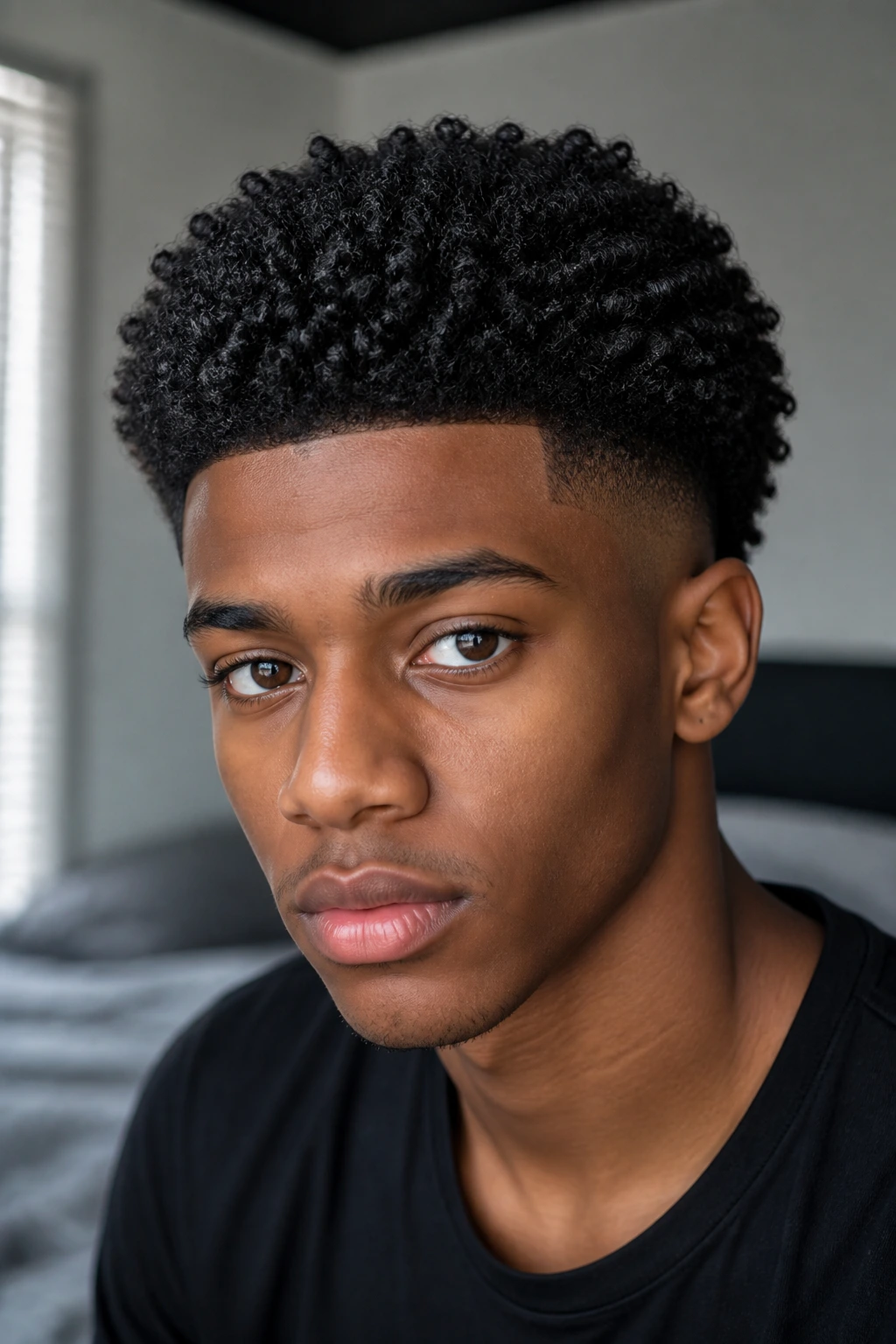Close-up portrait of a real person with defined coil tapered afro showing tiny finger coils