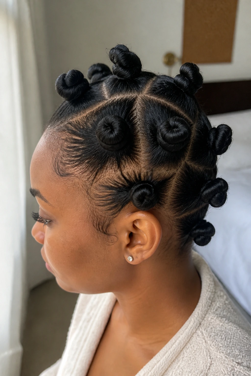 Close-up of a real woman with defined knot-out prep knots on relaxed hair, soft morning light