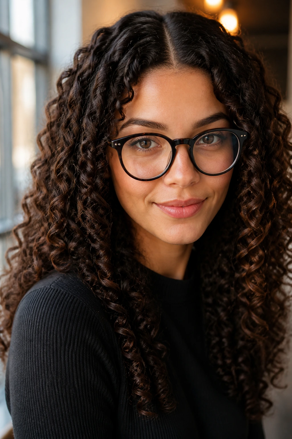 Portrait of a real woman with defined ringlets and a center part