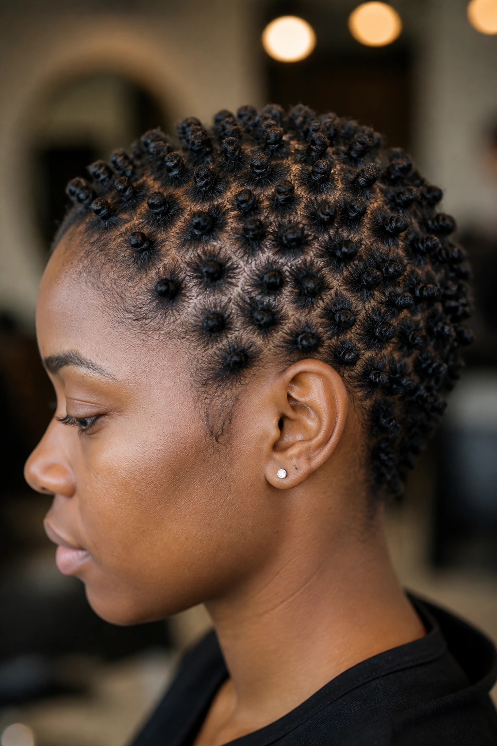 Close-up of a dense micro-knot crochet set on a real person