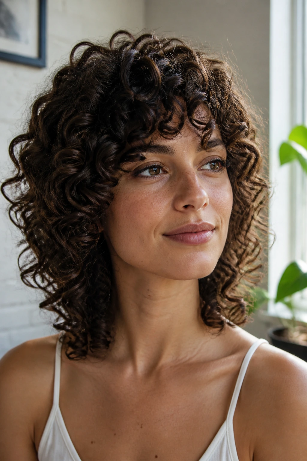 Close-up portrait of a real person with Deva-cut curl-by-curl curls in natural shape.