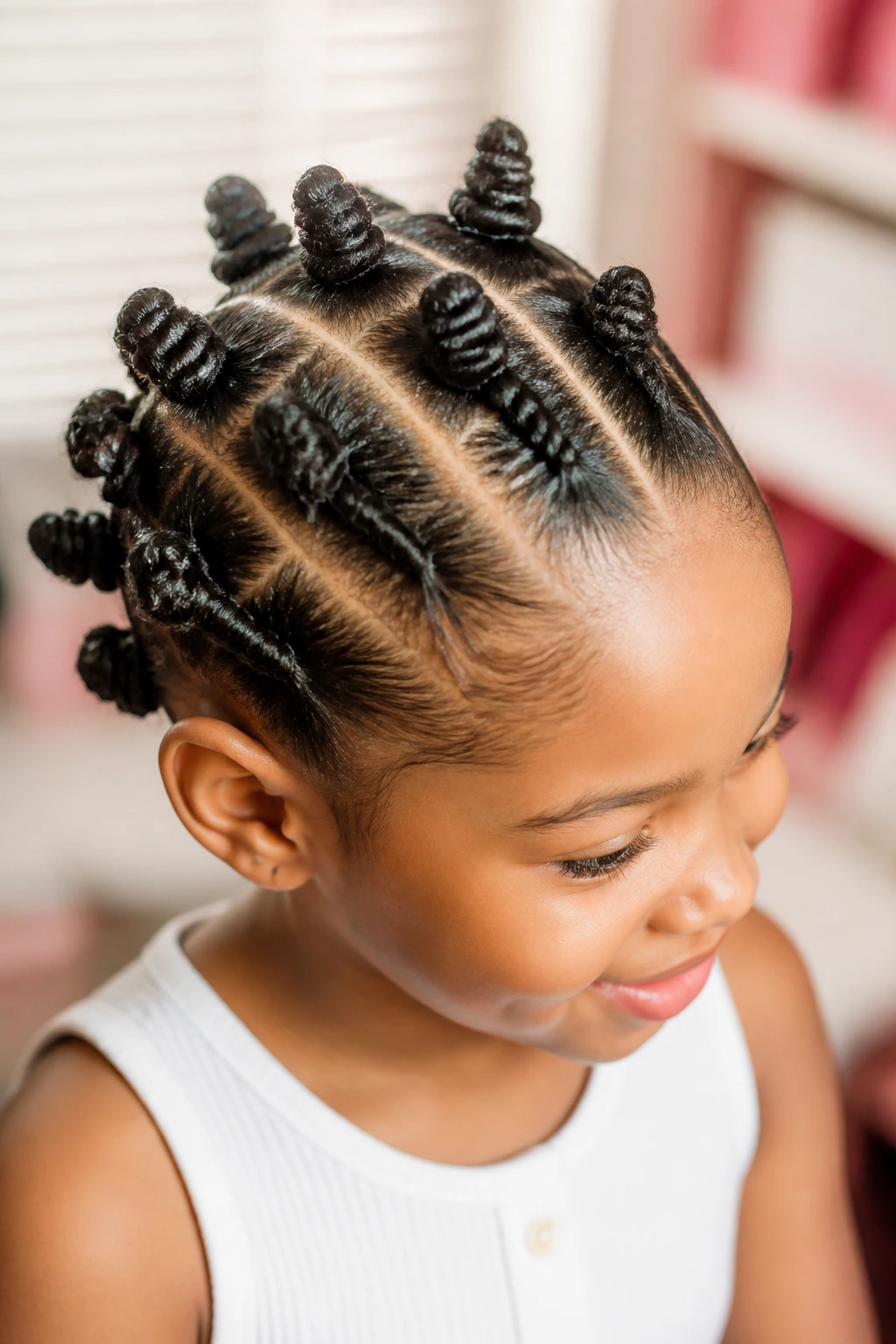 Child with diagonal-row bantu knots in profile view