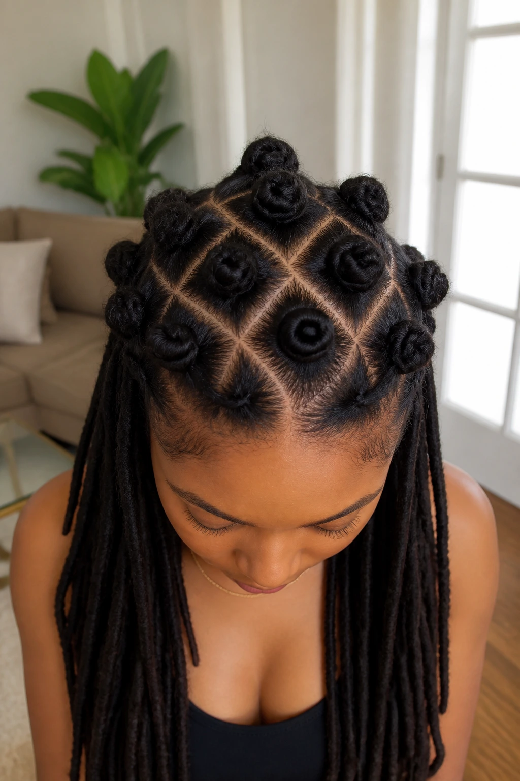 Close-up portrait of a real person with a diamond grid knot pattern on the scalp