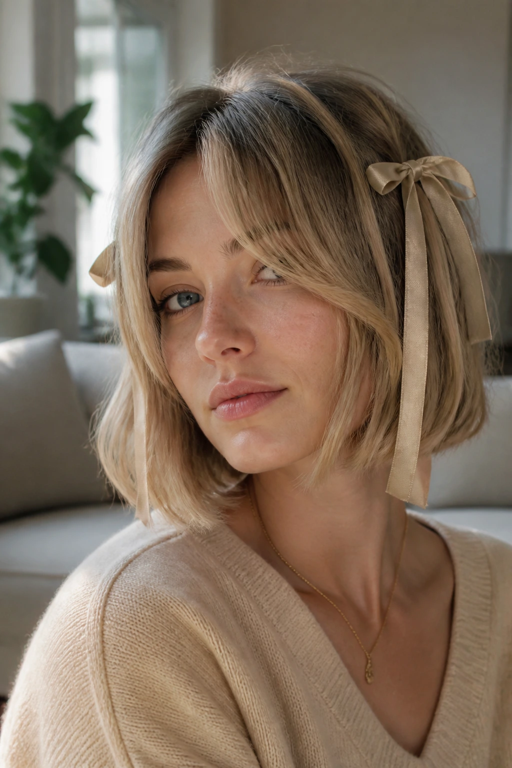 Close-up of a real woman with a dirty blonde bob, curtain bangs, and beige ribbons in soft window light